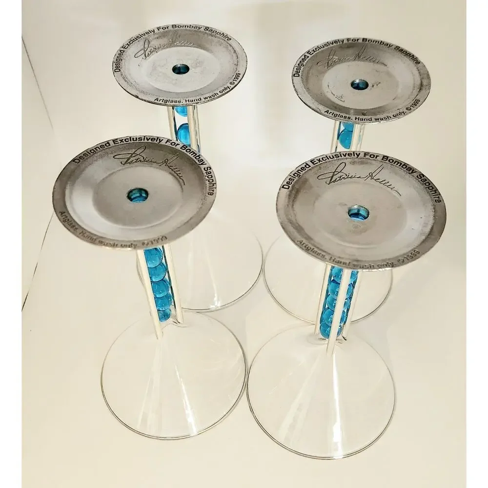 4 Patricia Heaton Bombay Sapphire Martini Glasses Blue Beads 1999 Artglass